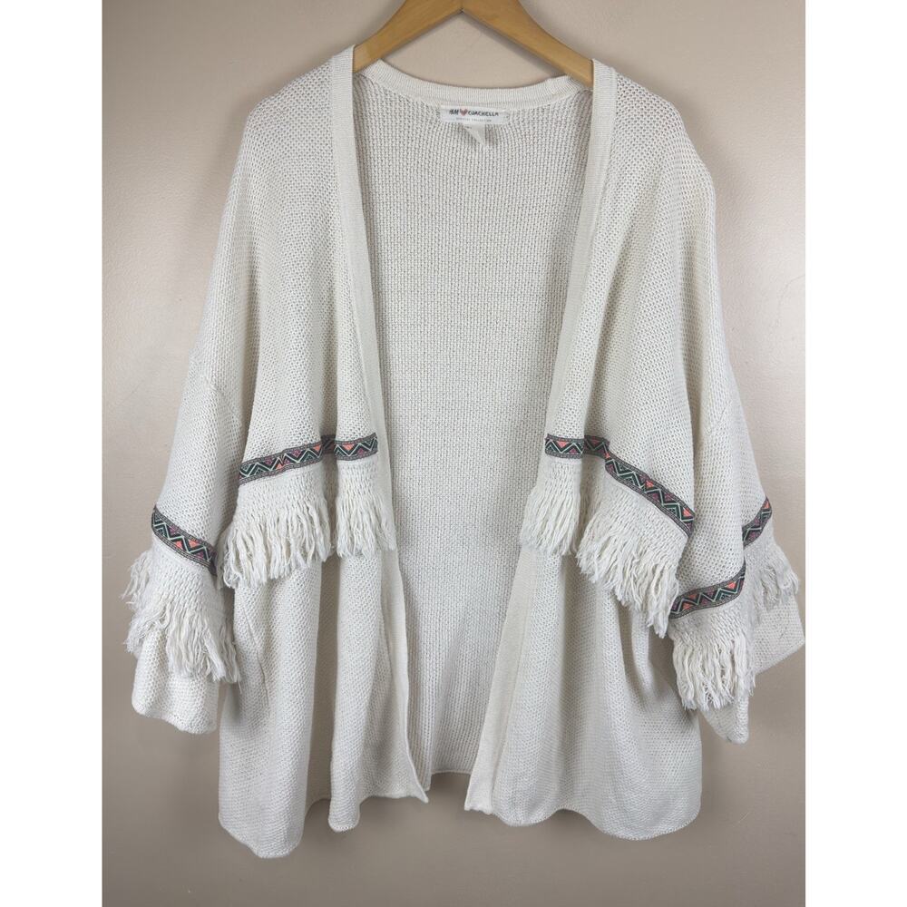 H&M Cream Fringe Knit Cardigan with Multicolor Trim